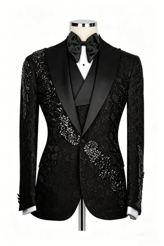 Glamorous Black Crystals 3 Piece Jacquard Prom Suits
