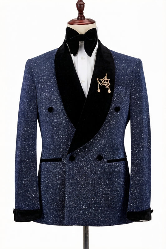 Shiny Dark Blue Double Breasted Shawl Lapel Wedding Suits