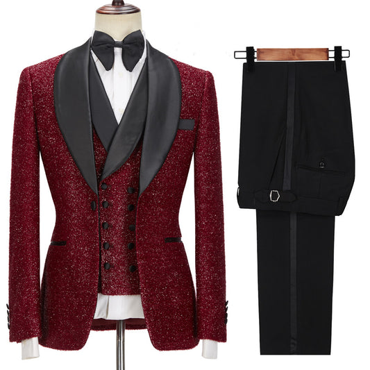 Sparkle Burgundy 3 Pieces Shawl Lapel Wedding Suits