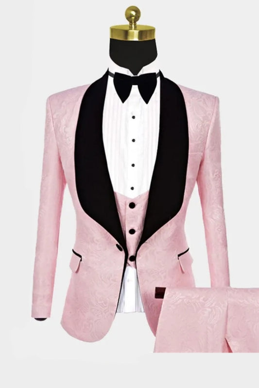 Fancy Light Pink Jacquard Black Shawl Lapel Wedding Suits With Waistcoat