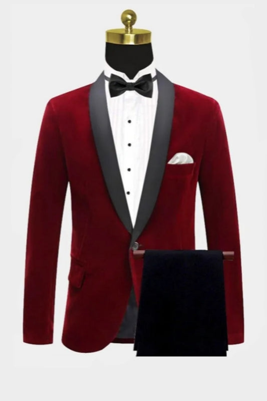 Stylish Burgundy Velvet Black Shawl Lapel Wedding Suits