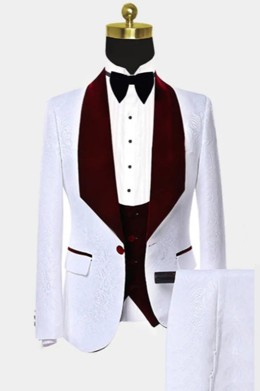 Bespoke White 3 Pieces Jacquard Burgundy Velvet Shawl Lapel Wedding Suits