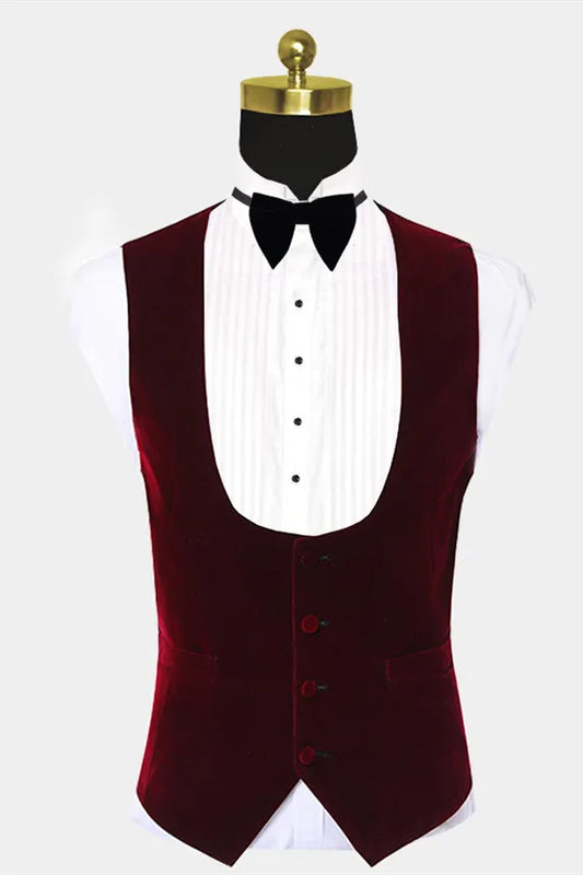 Bespoke White 3 Pieces Jacquard Burgundy Velvet Shawl Lapel Wedding Suits