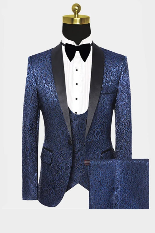 3 Pieces Dark Navy Jacquard Black Shawl Lapel Wedding Suits