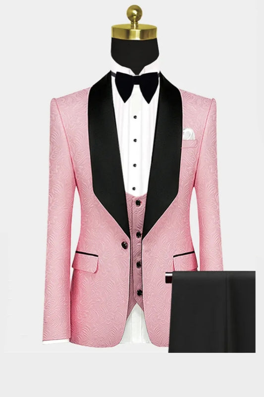 Charming Pink Jacquard Black Shawl Lapel Wedding Suits With Waistcoat