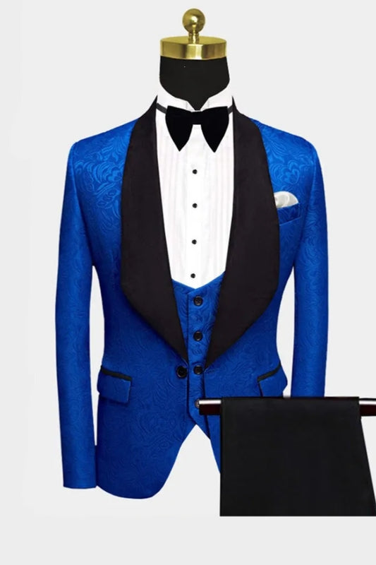 Handsome Royal Blue Jacquard Black Shawl Lapel Wedding Suits With Waistcoat