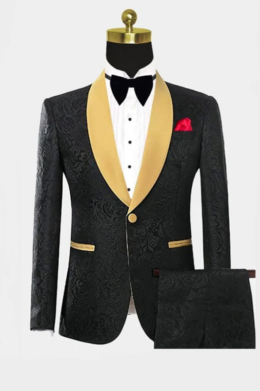 Trendy Black Jacquard One Button Shawl Lapel Wedding Suits