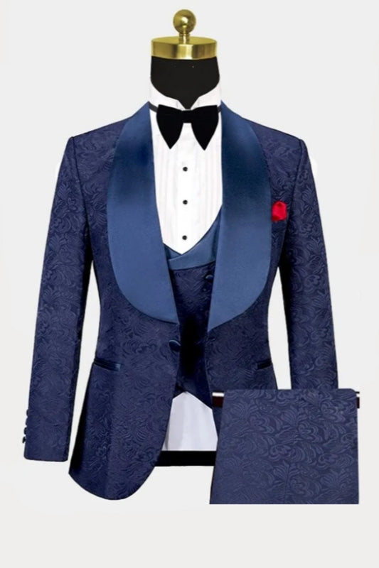 Chic Navy Blue Jacquard 3 Pieces Shawl Lapel Wedding Suits