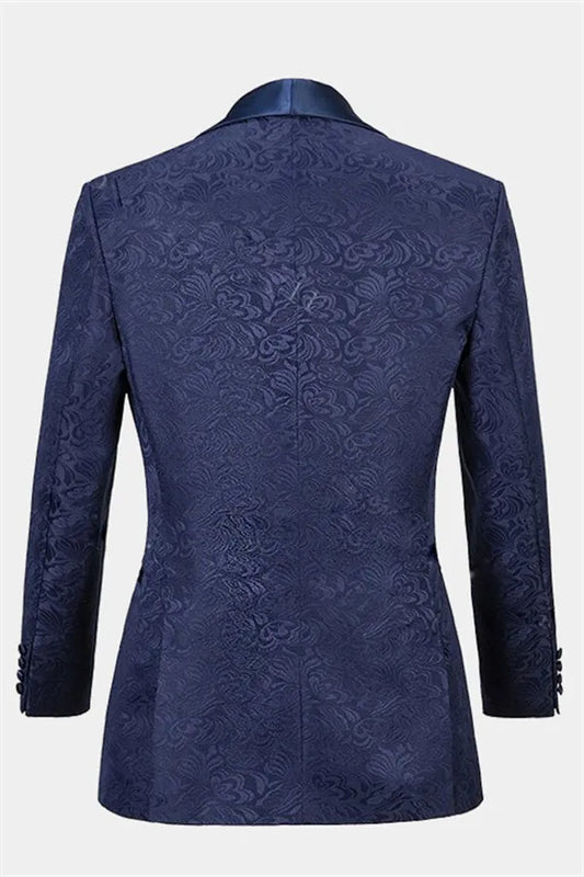 Chic Navy Blue Jacquard 3 Pieces Shawl Lapel Wedding Suits