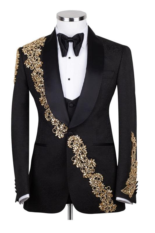 Black Jacquard Shawl Lapel Gold Appliques 3 Piece Men Suits