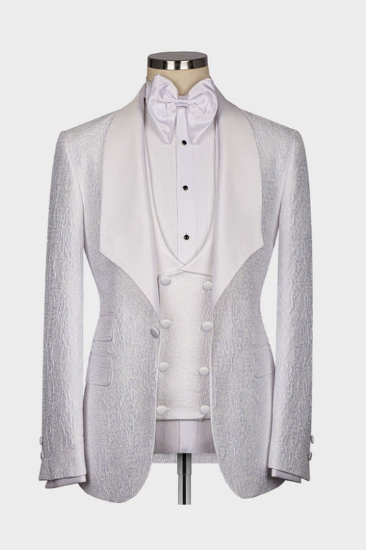 Modern White Jacquard 3 Pieces Shawl Lapel Best Fitted Wedding Suits