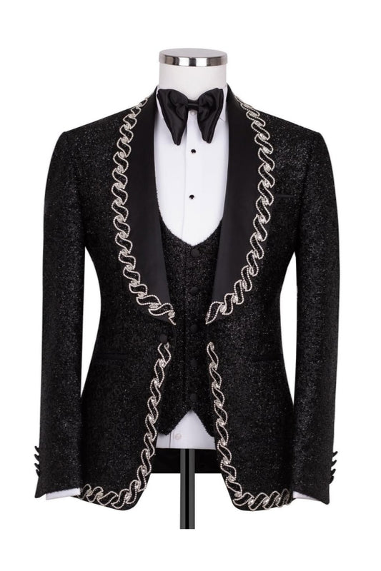 Trendy Sparkle 3 Pieces Black Shawl Lapel Beadings Prom Men Suits