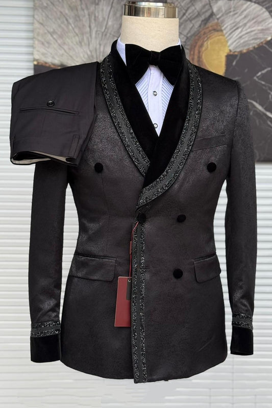 Luxury Black Jacquard Velvet Shawl Lapel Wedding Suits