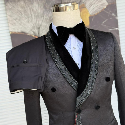 Luxury Black Jacquard Velvet Shawl Lapel Wedding Suits