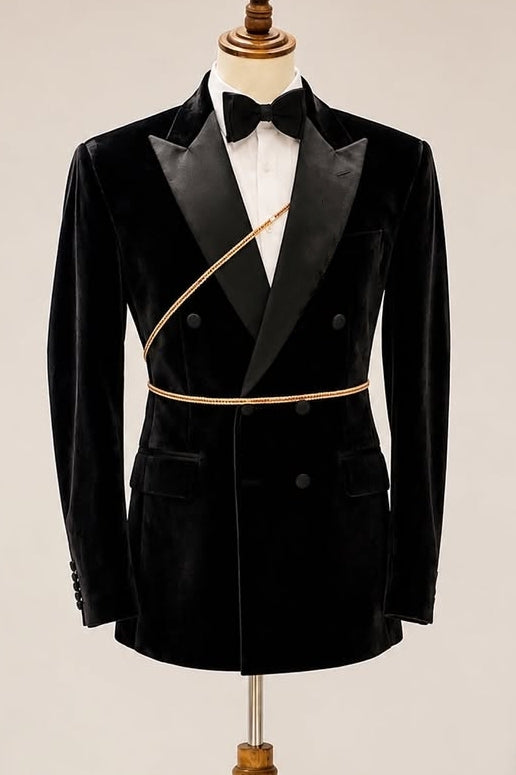 Premium Black Velvet Peaked Lapel Men Suits With Gold Sash