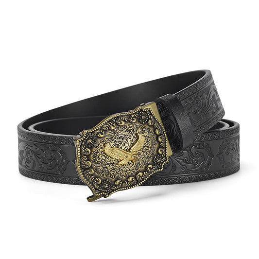 Men's Black Vintage Carved Leather Belt