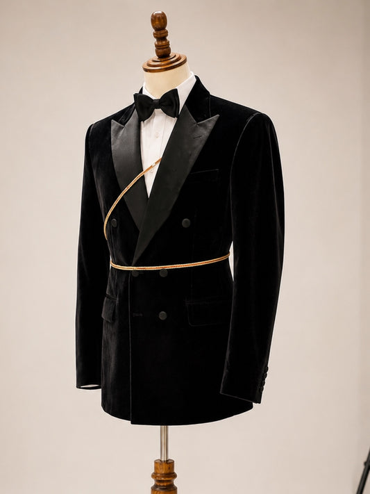 Premium Black Velvet Peaked Lapel Men Suits With Gold Sash