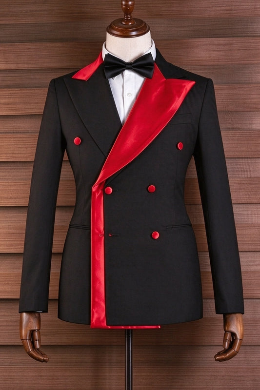Black Double Breasted With Red Satin Peaked Lapel Prom Men Suits