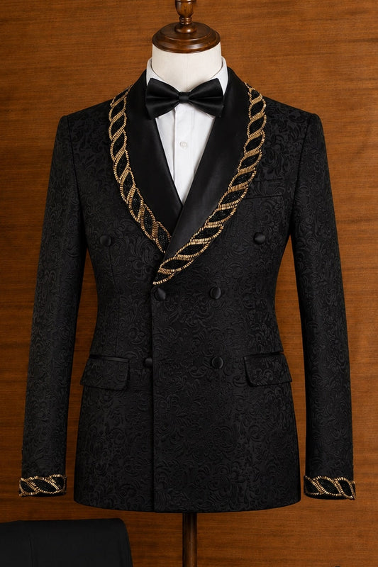 Black Jacquard Shawl Lapel Appliques Prom Men Suits