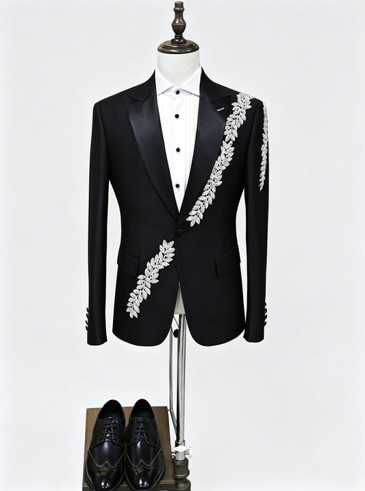 Charming Black Peaked Lapel Crystal Appliques Prom Men Suits