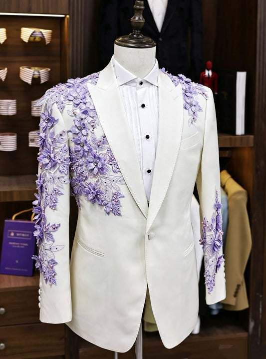 Elegant White Peaked Lapel Appliques Prom Men Suits