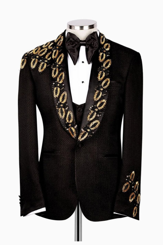 3 Pieces Black Jacquard Shawl Lapel Appliques Prom Men Suits