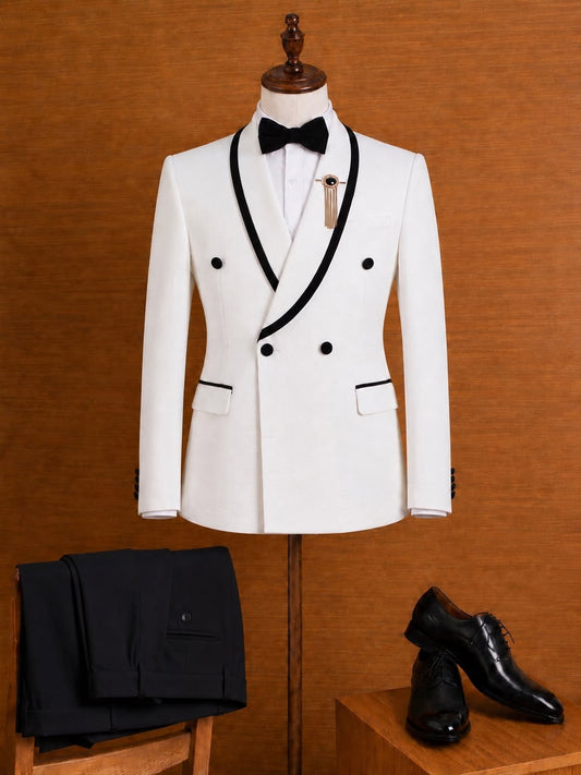 White Wool Shawl Lapel Double Breasted Wedding Suits