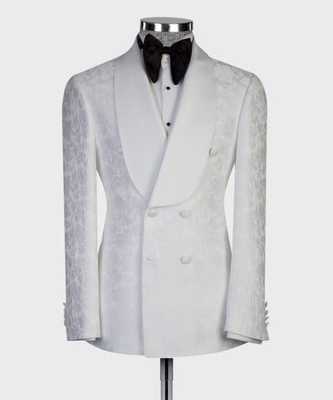White Jacquard Shawl Lapel Double Breasted Wedding Suits With Black Pants