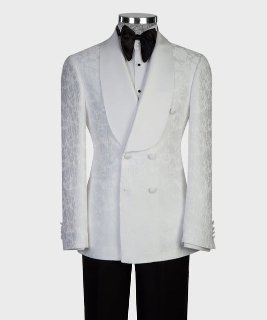 White Jacquard Shawl Lapel Double Breasted Wedding Suits With Black Pants