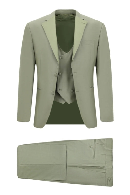 Bespoke Light Khaki Notched Lapel Wool Business Suits With Waistcoat