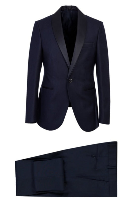 Trendy Dark Blue Shawl Lapel Close Fitting Wool Wedding Suits