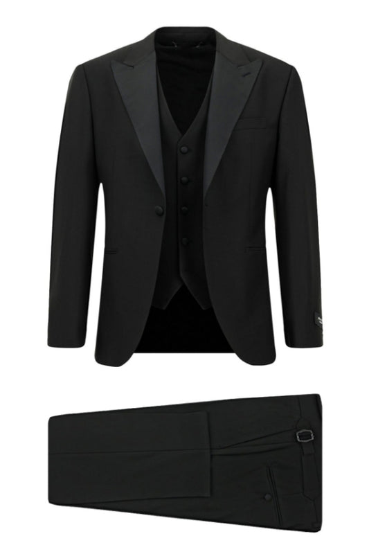 Modern Black Peaked Lapel Wool Business Suits With Waistcoat