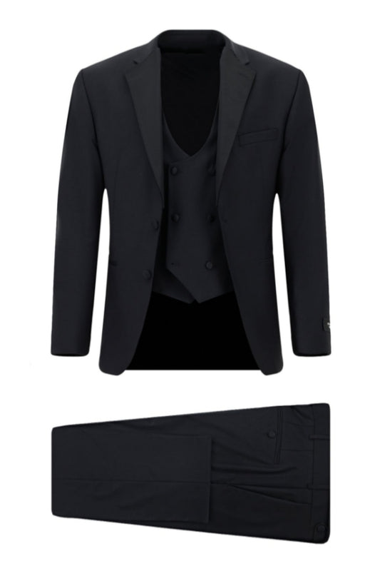 Best Fitted Dark Blue Notched Lapel Wool Business Suits With Waistcoat