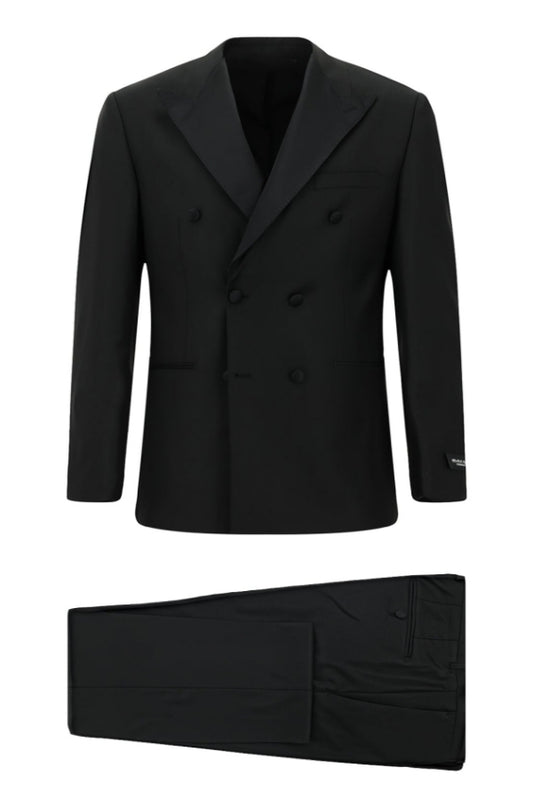 Trendy Black Double Breasted Peaked Lapel Wool Business Suits