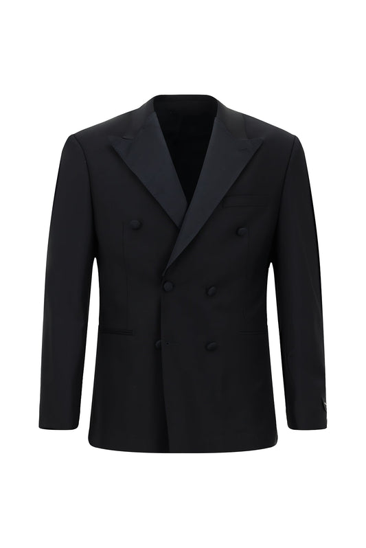 Fancy Dark Blue Double Breasted Peaked Lapel Wool Business Suits