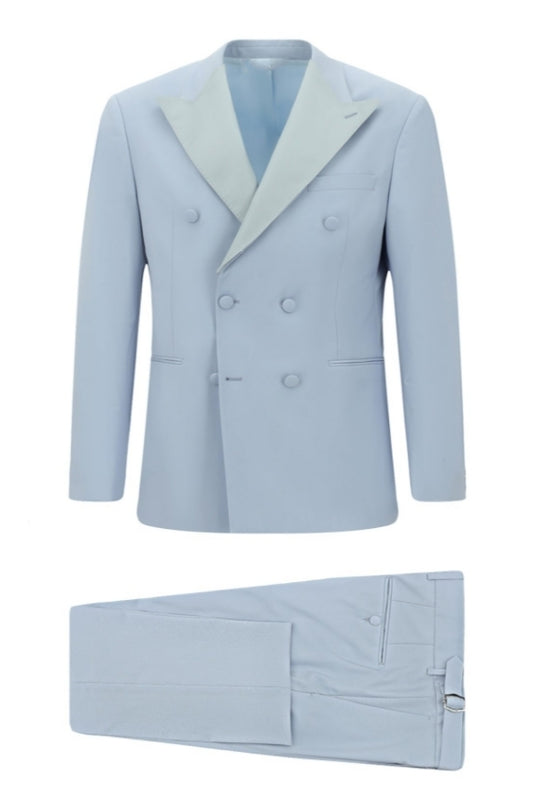 Slim Fit Light Blue Double Breasted Peaked Lapel Wool Business Suits