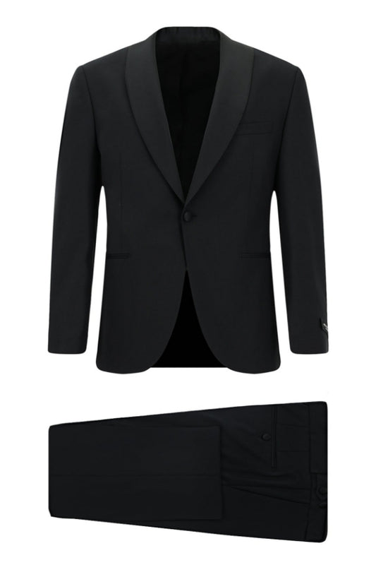 Handsome Black Shawl Lapel Slim Fit Wool Wedding Suits