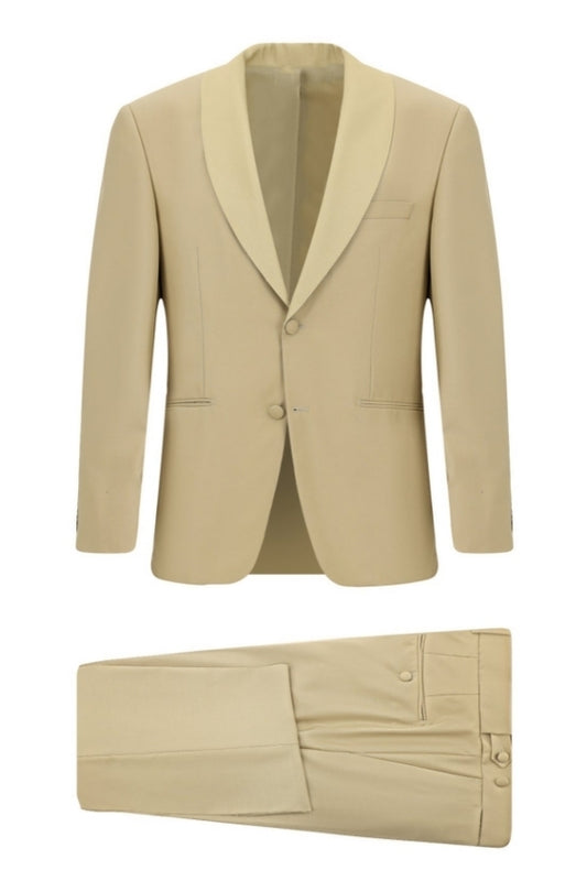 Beautiful Beige Shawl Lapel Slim Fit Wool Wedding Suits