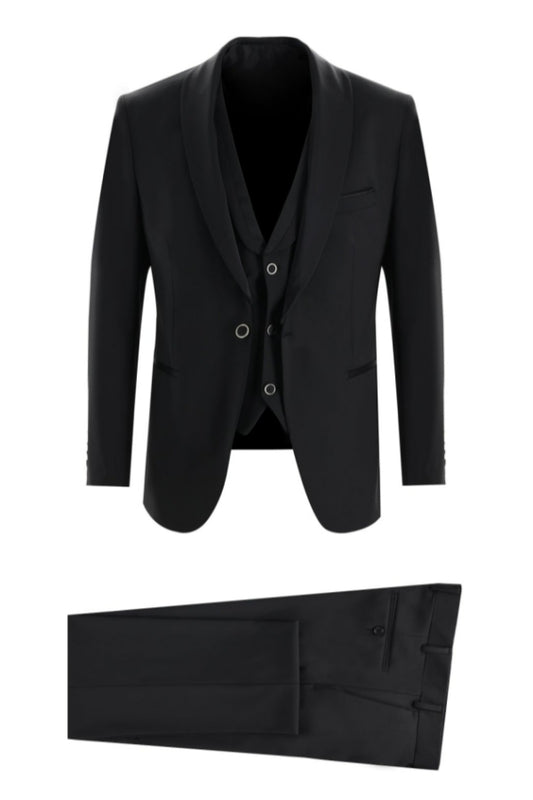 Stylish Black Newest Shawl Lapel 3 Pieces Wool Wedding Suits