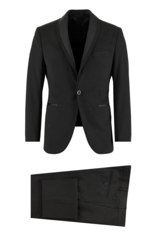 Close Fitting Black Wool Wedding Suits With Dark Gray Shawl Lapel