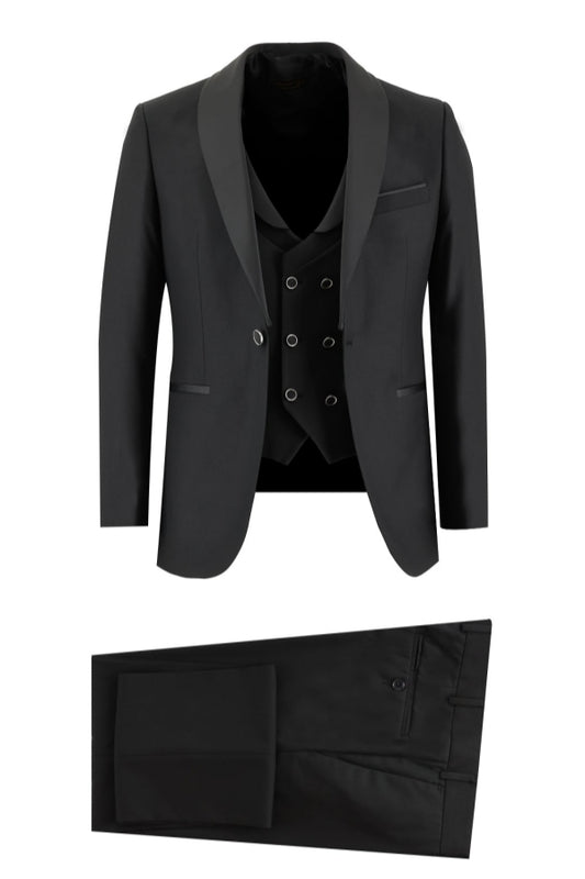 New Arrival Slim Fit Black Shawl Lapel Wool Wedding Suits With Waistcoat