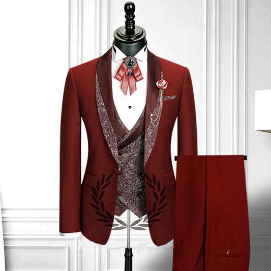 Glamorous Red 3 Pieces Shawl Lapel Wool Wedding Suits
