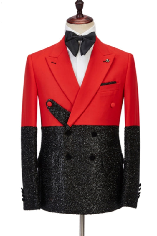Red Peaked Lapel Sparkle Black Prom Men Suits