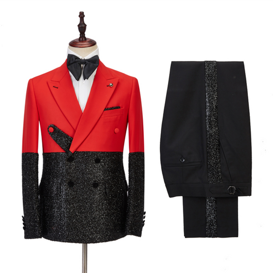Red Peaked Lapel Sparkle Black Prom Men Suits