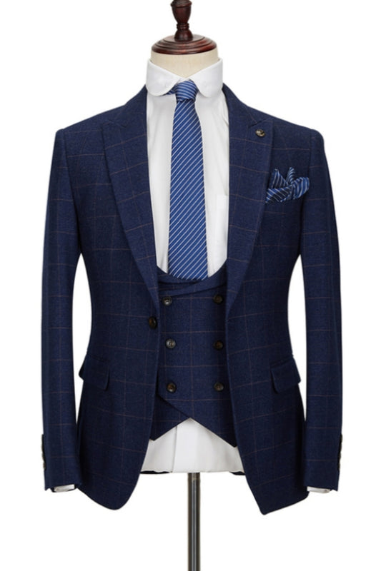 Fashion Dark Blue Plaid Peaked Lapel Business Suits With Waistcoat