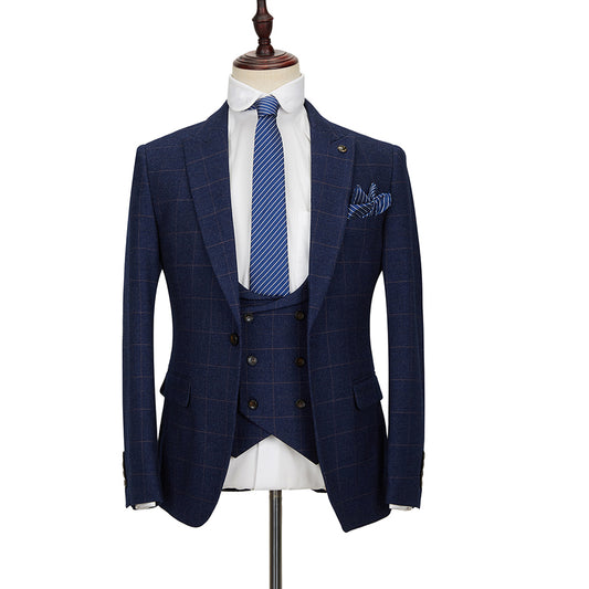 Fashion Dark Blue Plaid Peaked Lapel Business Suits With Waistcoat