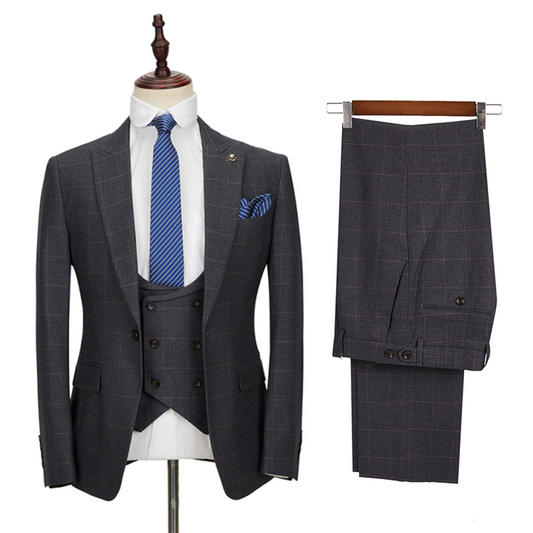 Dark Gray 3 Pieces Plaid Peaked Lapel Business Men Suits