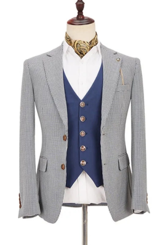 Trendy Black And White Plaid Peaked Lapel Business Men Suits