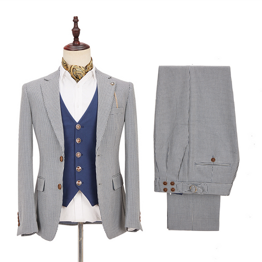 Trendy Black And White Plaid Peaked Lapel Business Men Suits