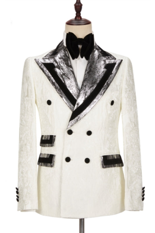Stylish White Jacquard Peaked Lapel Wedding Suits